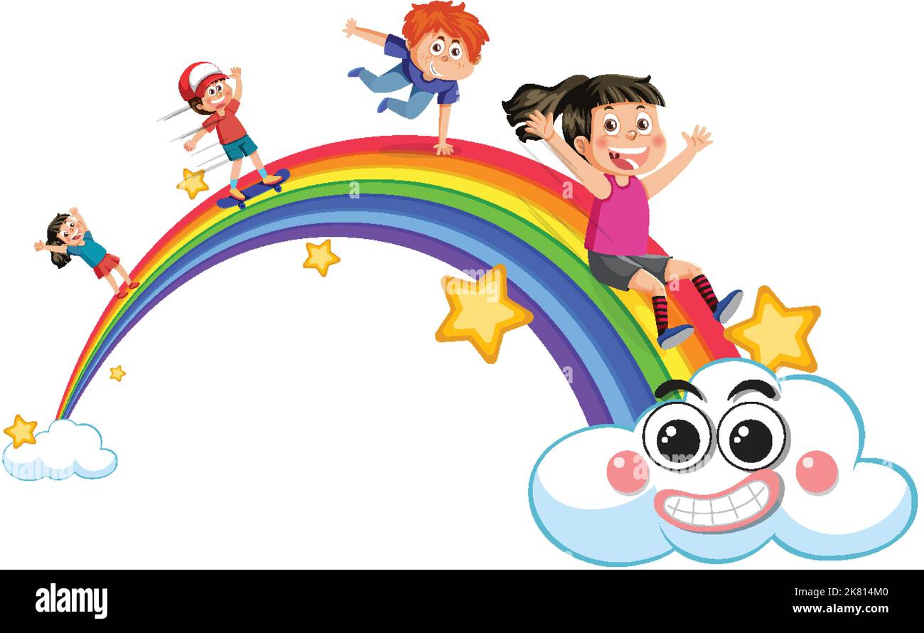 Happy children with rainbow illustration Stock Vector Image & Art - Alamy