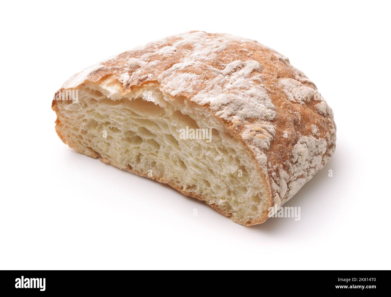 Half of fresh homemade ciabatta loaf isolated on white Stock Photo
