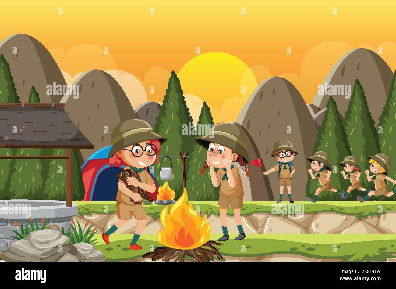 Children camping out forest scene illustration Stock Vector Image & Art ...
