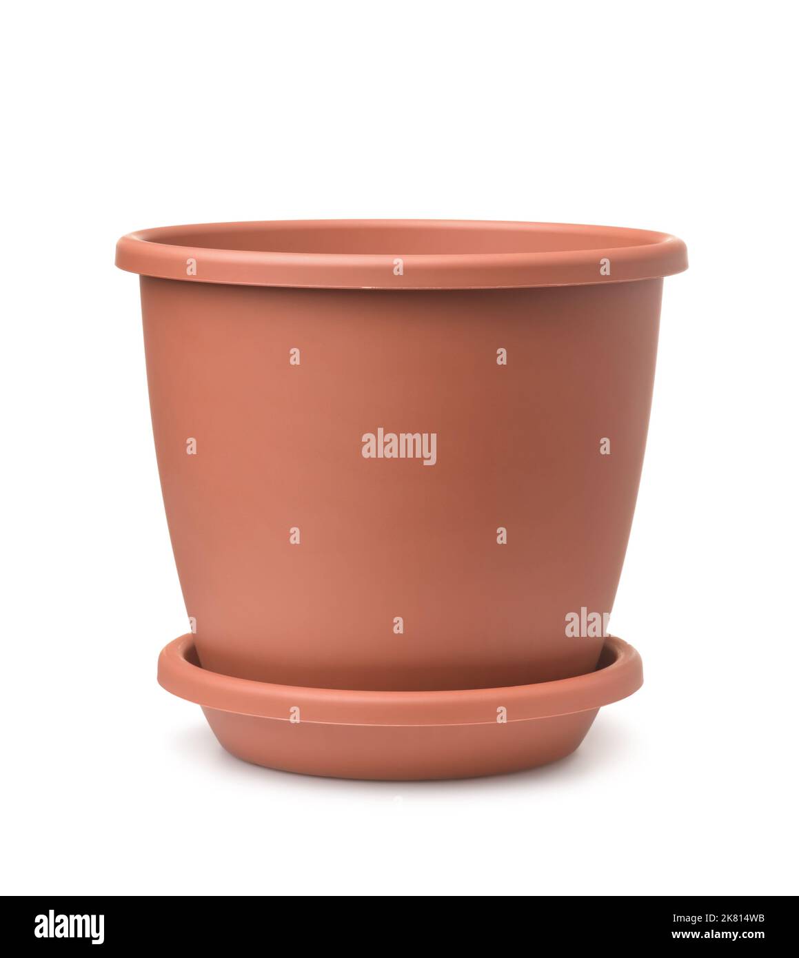 Front view of empty plastic brown flower pot isolated on white Stock Photo