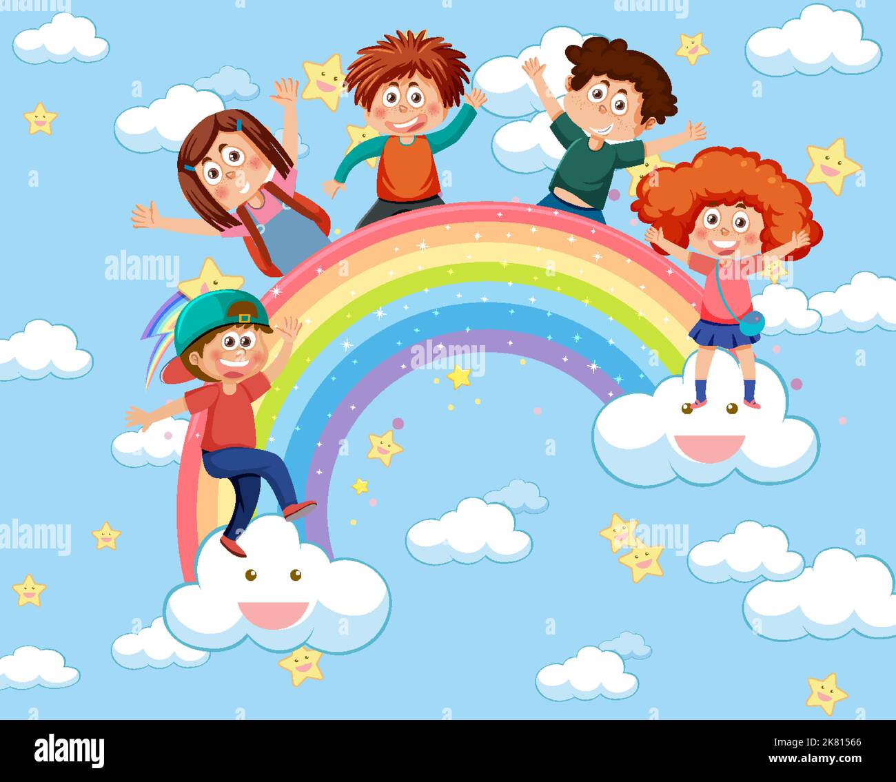 Happy kids in in the sky with rainbow illustration Stock Vector Image ...