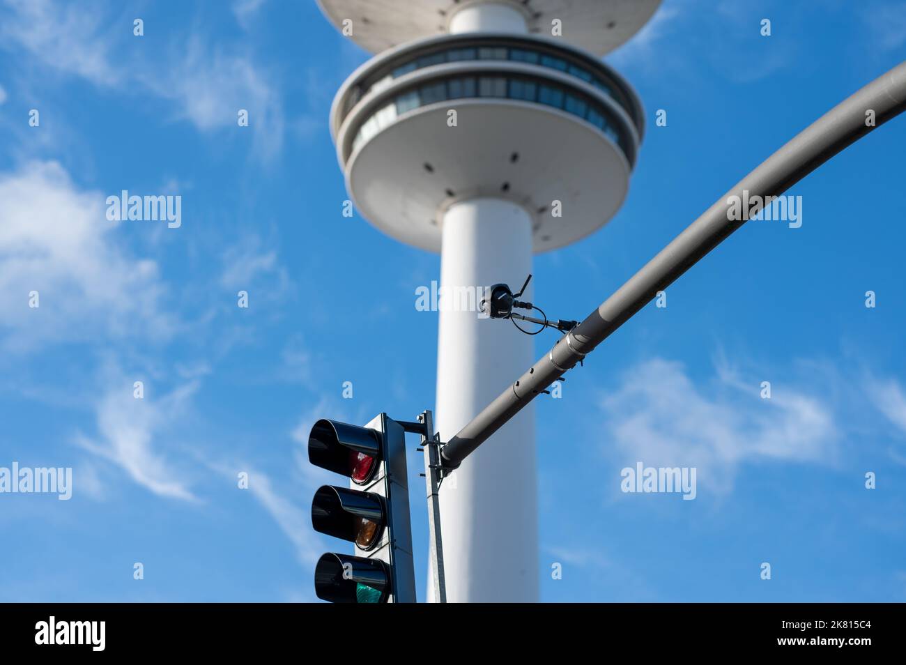 Camera mounted on a traffic light which controls self-driving cars on a test route in Hamburg, Germany. Stock Photo
