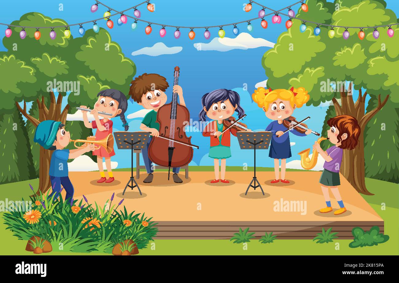 Children playing music in the park illustration Stock Vector Image ...