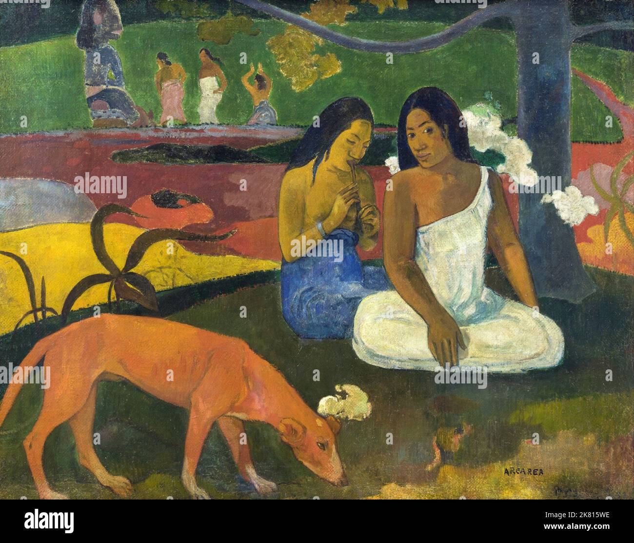 Tahiti: 'Arearea' (Joyfulness). Oil on canvas painting by Paul Gauguin (7 June 1848 - 8 May 1903), 1892.  Paul Gauguin was born in Paris in 1848 and spent some of his childhood in Peru. He worked as a stockbroker with little success, and suffered from bouts of severe depression. He also painted. In 1891, Gauguin, frustrated by lack of recognition at home and financially destitute, sailed to the tropics to escape European civilization and 'everything that is artificial and conventional'. His time there, particularly in Tahiti and the Marquesas Islands, was the subject of much interest. Stock Photo