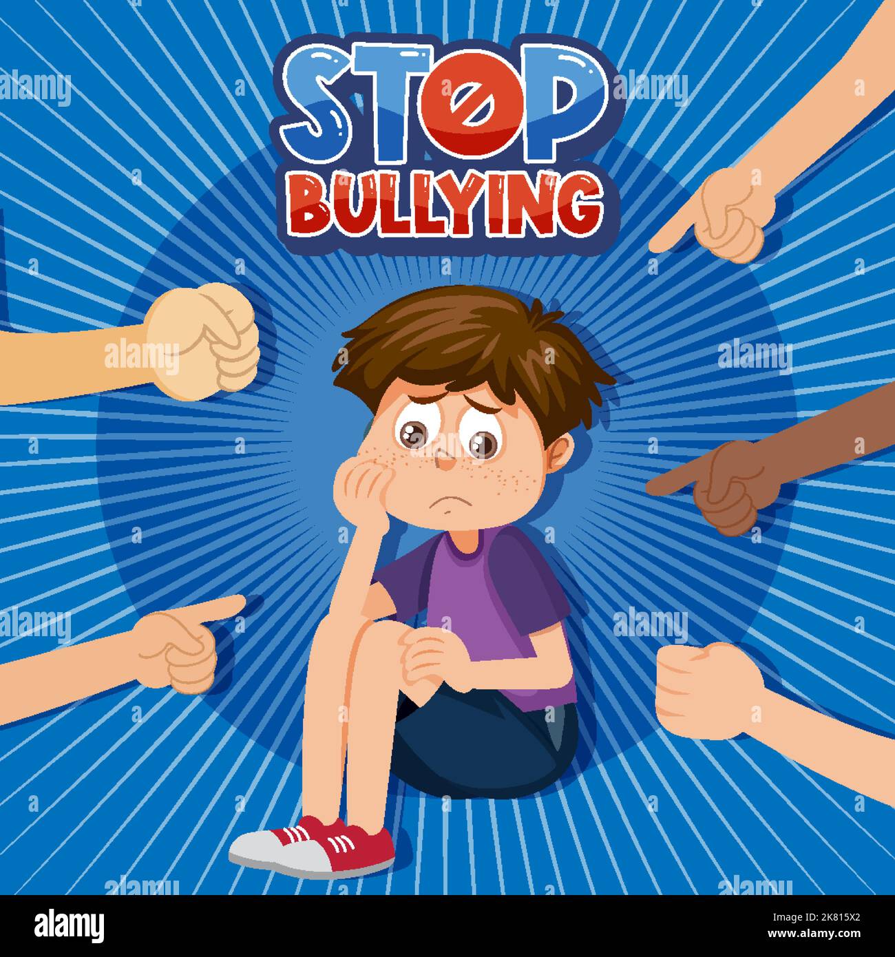 Stop Bullying text with kid surrounded by pointing fingers illustration Stock Vector