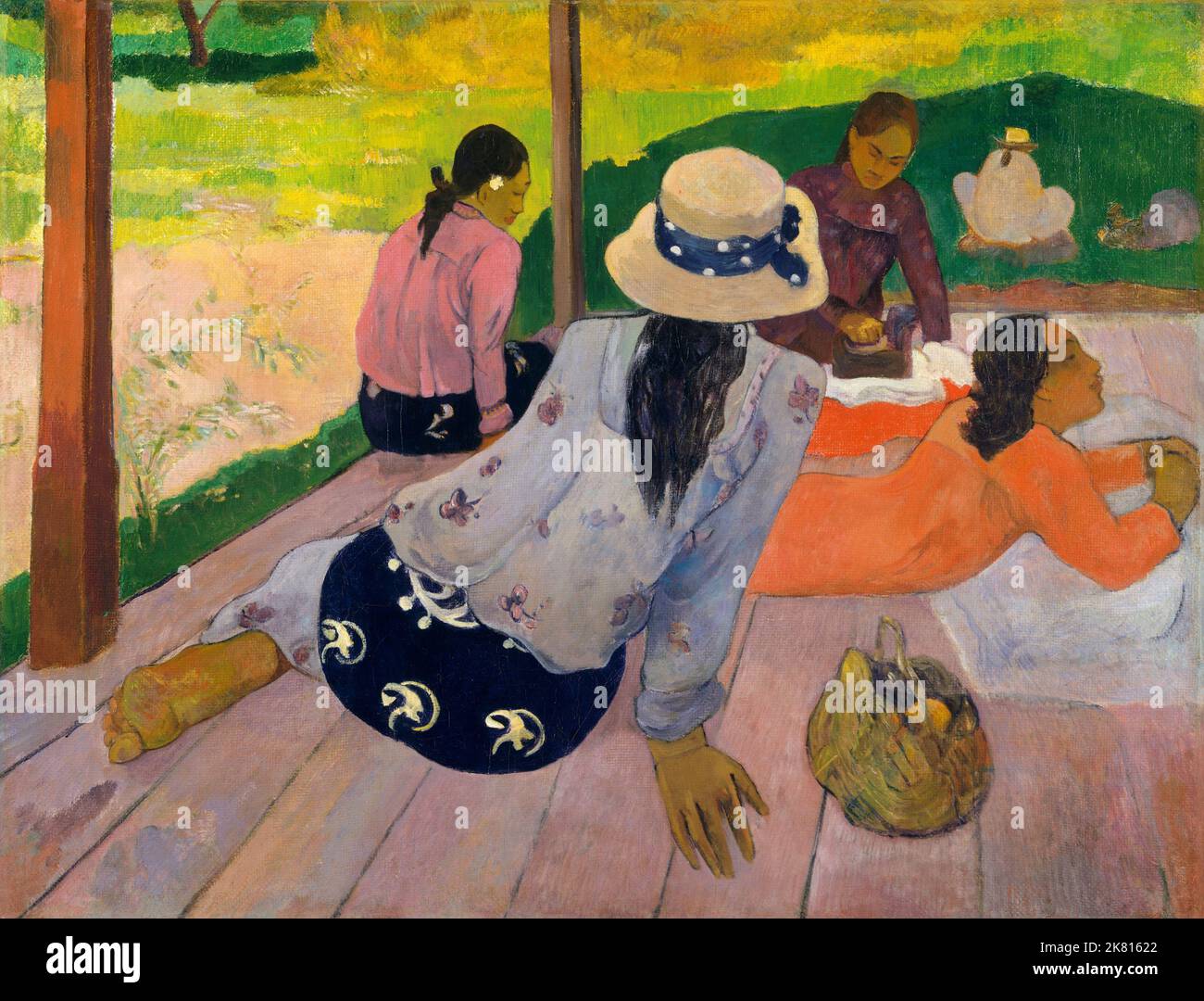 Tahiti: 'La Sieste' (The Siesta). Oil on canvas painting by Paul Gauguin (7 June 1848 - 8 May 1903), c. 1892-1894.  Paul Gauguin was born in Paris in 1848 and spent some of his childhood in Peru. He worked as a stockbroker with little success, and suffered from bouts of severe depression. He also painted. In 1891, Gauguin, frustrated by lack of recognition at home and financially destitute, sailed to the tropics to escape European civilisation and 'everything that is artificial and conventional'. His time there was the subject of much interest both then and in modern times. Stock Photo