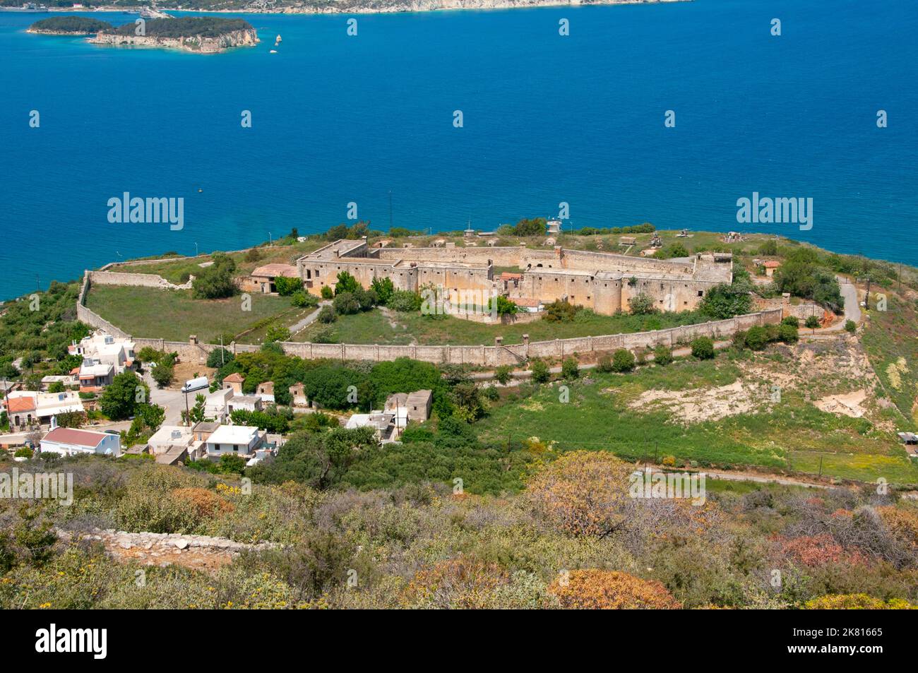 Greece: The 19th century Ottoman Izzeddin Fortress, Souda Bay, Crete. The fortress was constructed in 1872 by the Ottoman governor of Crete, Rauf Pasha. It is best known for its role as a prison for political prisoners in 20th-century Greece. The last official execution in Greece took place here in 1972. Stock Photo