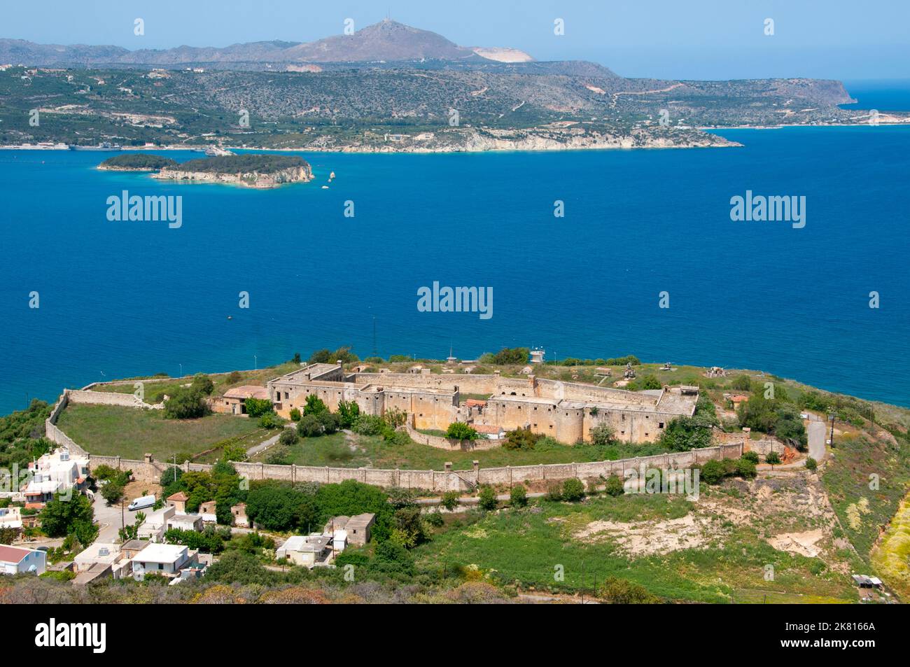 Greece: The 19th century Ottoman Izzeddin Fortress, Souda Bay, Crete. The fortress was constructed in 1872 by the Ottoman governor of Crete, Rauf Pasha. It is best known for its role as a prison for political prisoners in 20th-century Greece. The last official execution in Greece took place here in 1972. Stock Photo