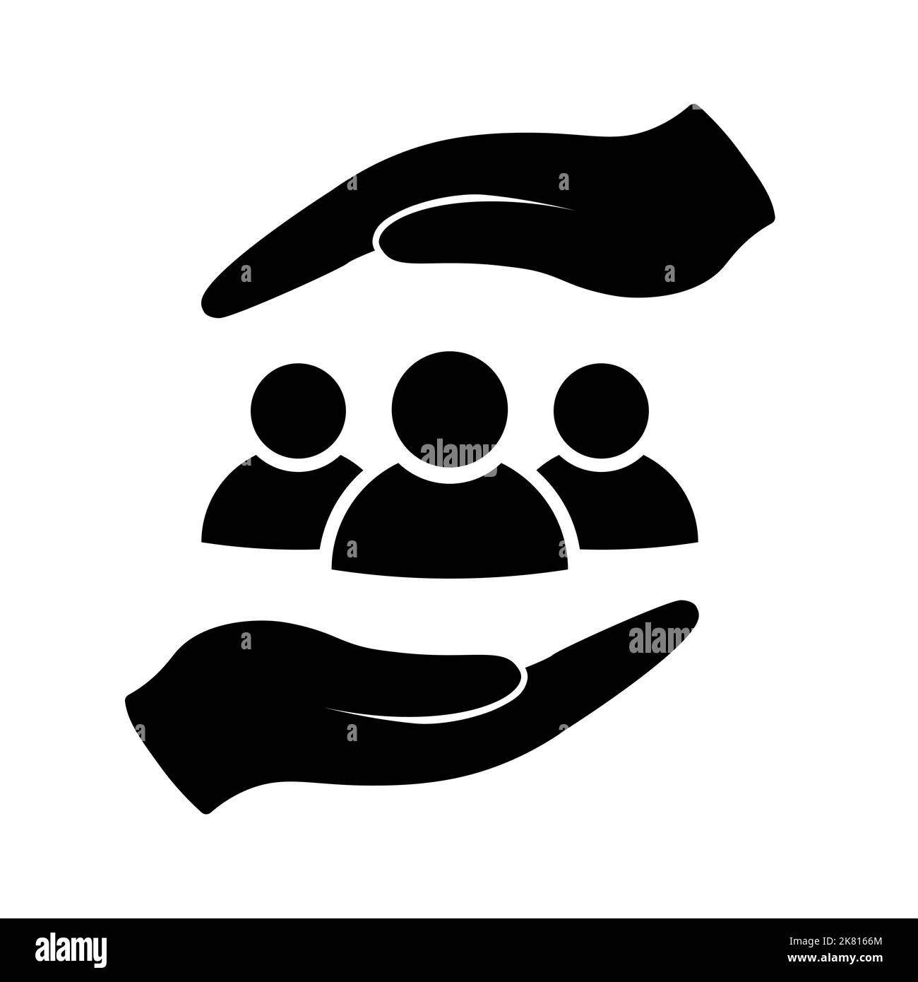Protecting people icon in flat style. Safe people in hands symbol on white. Charity sign in black. Help to community simple abstract icon. Vector illu Stock Vector
