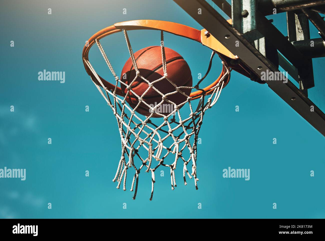 Basketball, goal and target in basket for sports match training on
