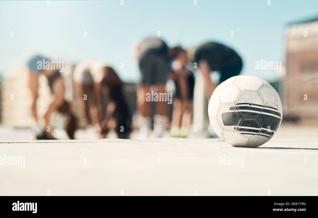 Football, soccer ball and sports group of men and women exercise