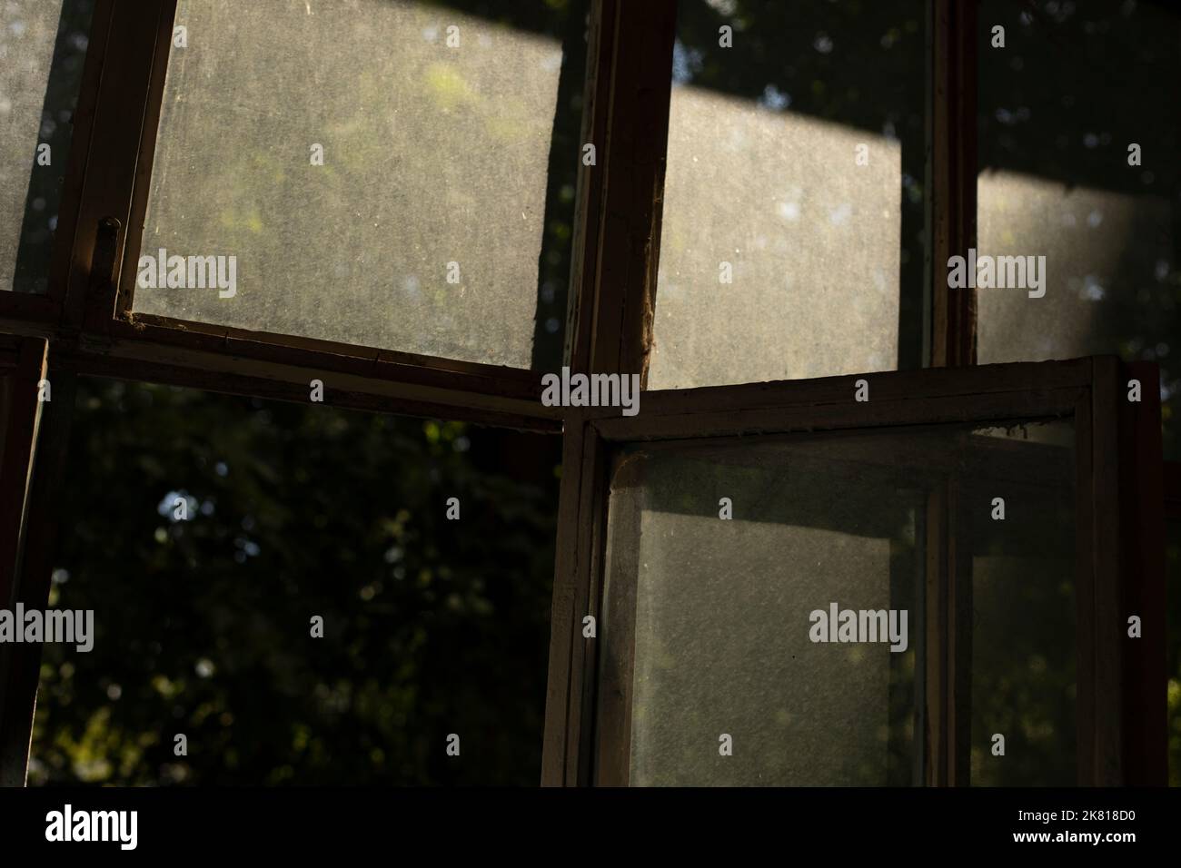 Dust on window. Glass on balcony. Dust layer in sunlight. Interior