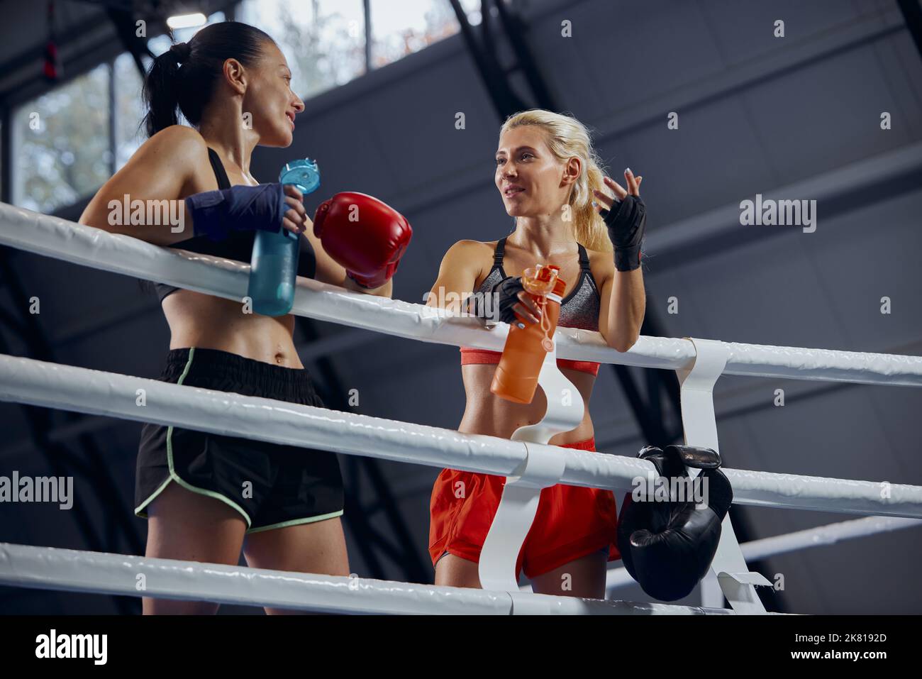 Young female athletes, professional boxers, kickboxers have a rest