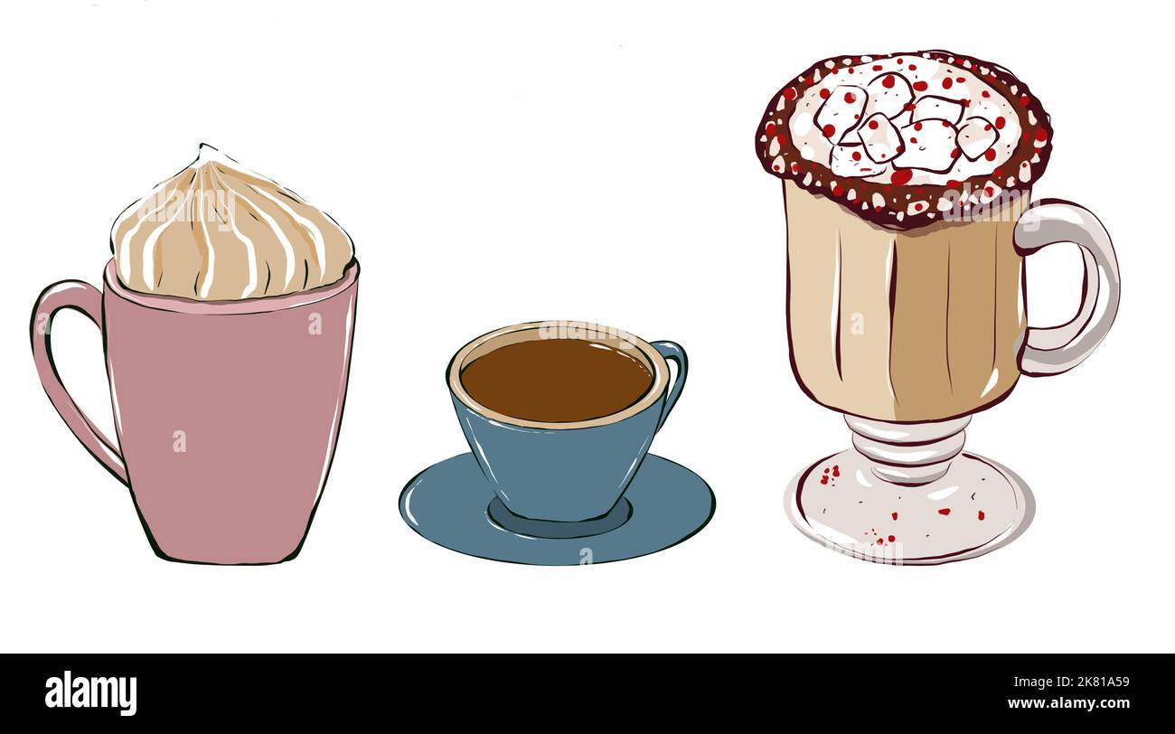 Set of coffee cups with coffee and sweet foam. Hand drawing