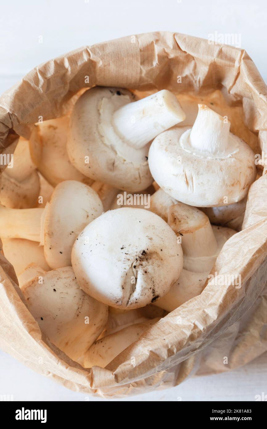 Closed cup mushrooms in a brown paper bag. Eco friendly recycling compostable packaging. Stock Photo