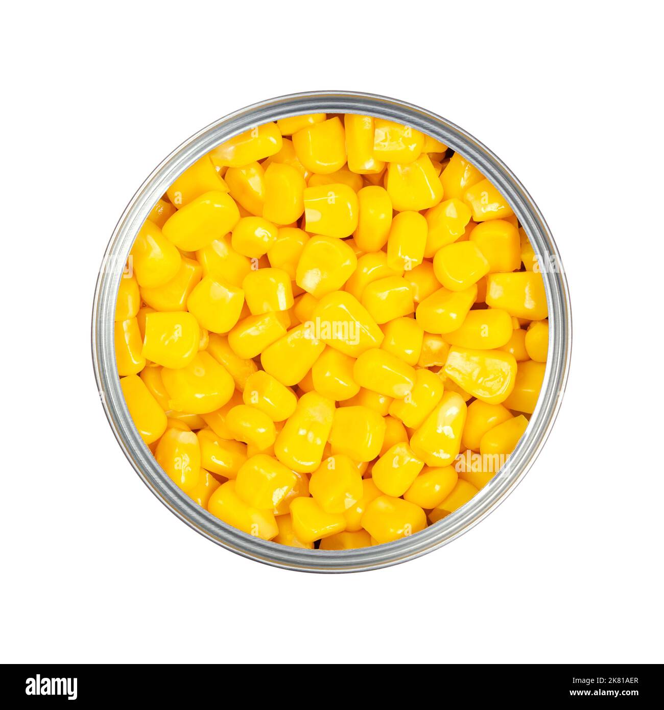 Sweet corn kernels, in an opened can. Cooked canned yellow vegetable maize, Zea mays, also called sugar or pole corn, vegetarian staple food. Stock Photo