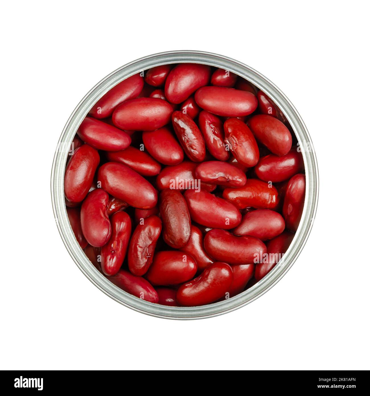 Red kidney beans, in an opened can. Cooked and canned common kidney beans, a variety of the common bean, Phaseolus vulgaris, a vegetarian staple food. Stock Photo