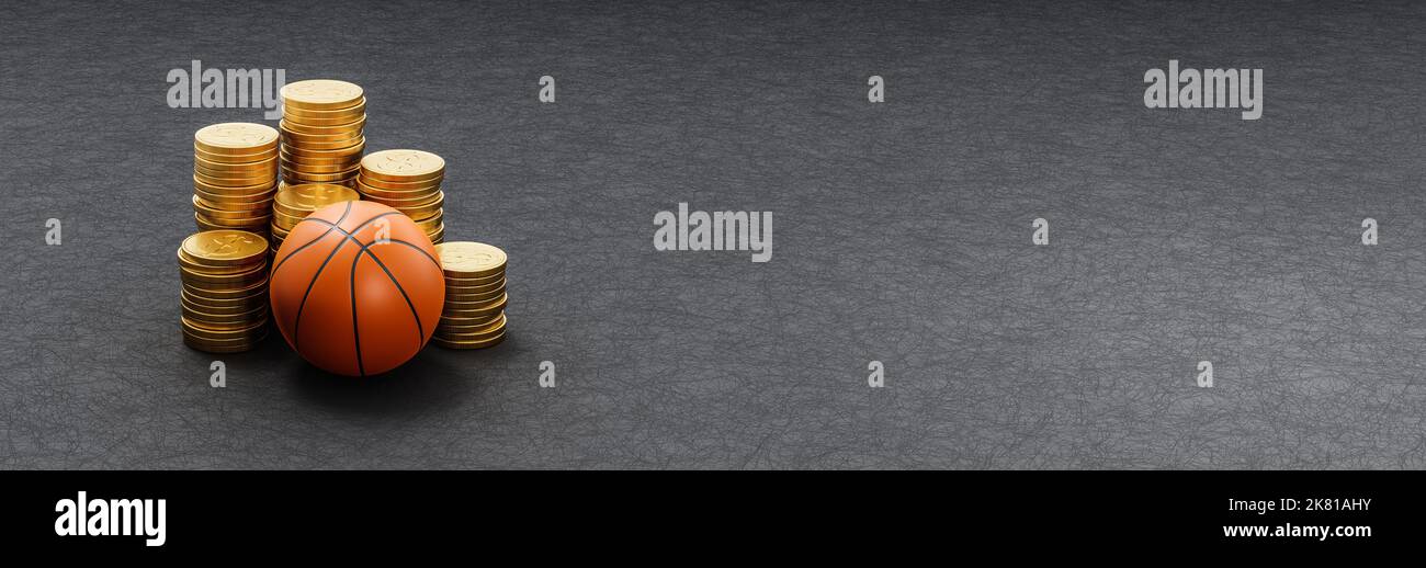 Basketball Ball ahead of Stacks of Coins on Dark Background Stock Photo