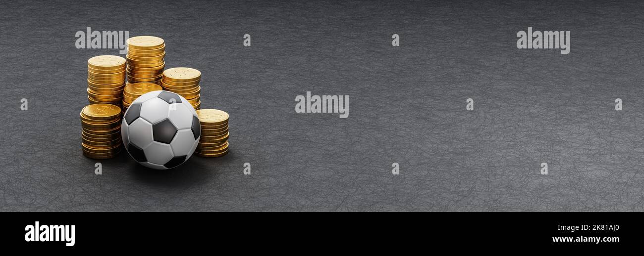 Soccer Ball ahead of Stacks of Coins on Dark Background Stock Photo