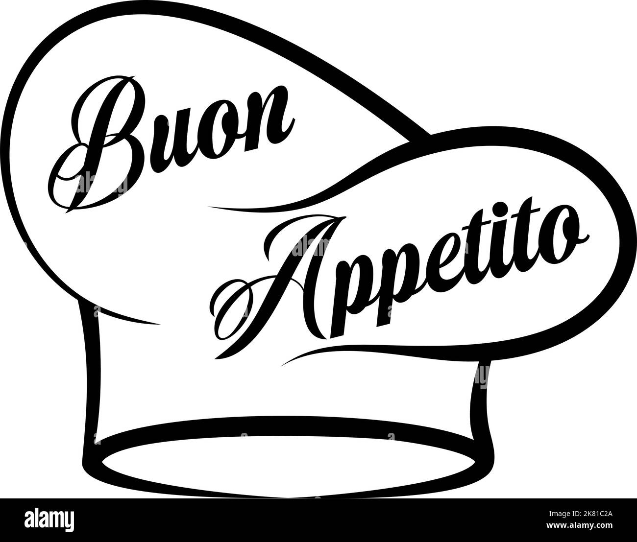 Buon Appetito vector lettering in black. With chef hat. White isolated background. Translation: Buon Appetito is Enjoy your meal. Stock Vector