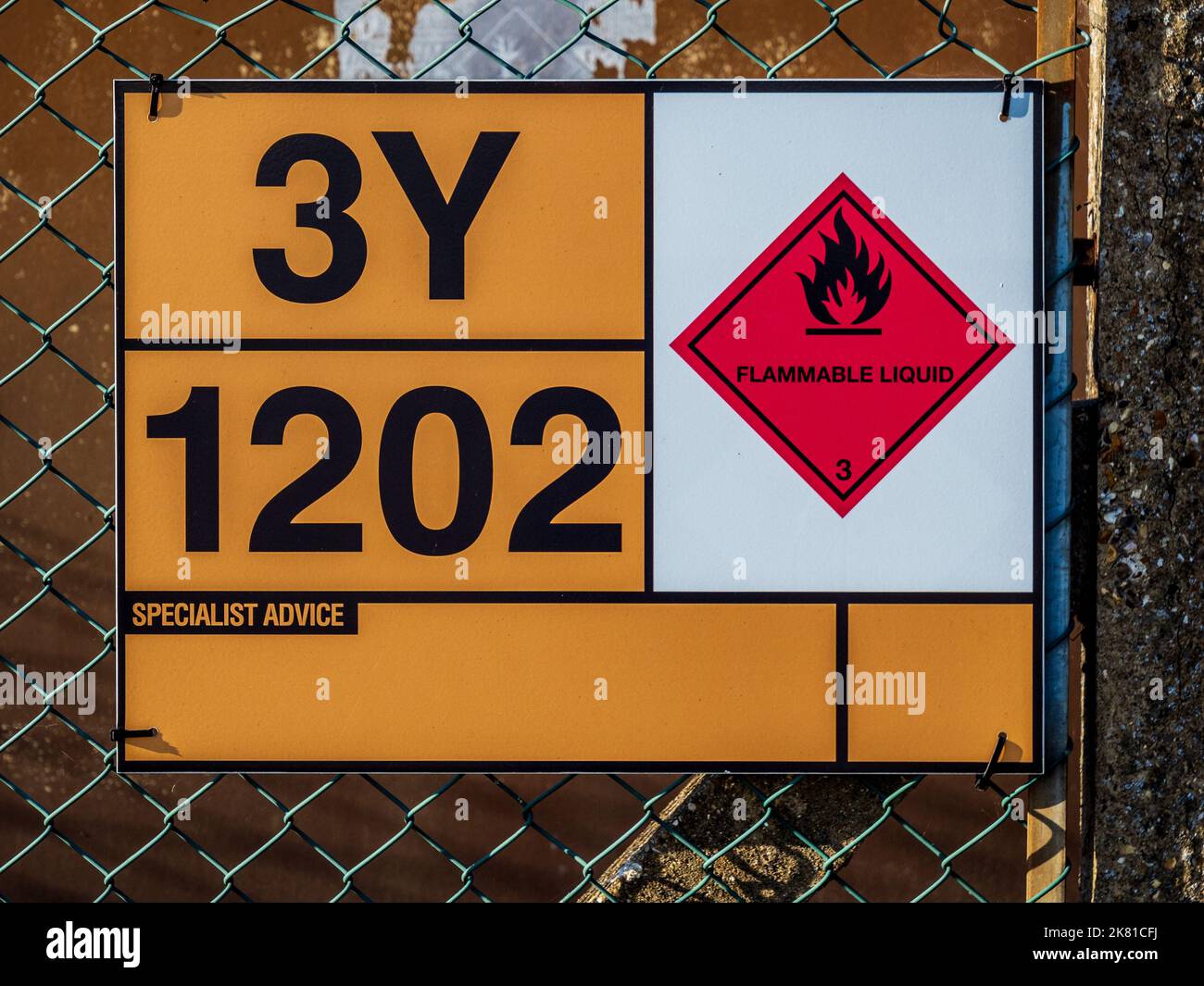 Hazchem Sign for Diesel or Gas Oil. Hazchem Plate is a warning plate system used in the transport or storage of flammable or hazardous materials. Stock Photo