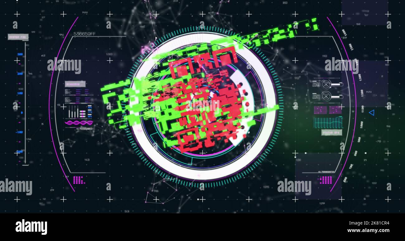 Qr code scanner over network of connections against digital interface on black background Stock Photo
