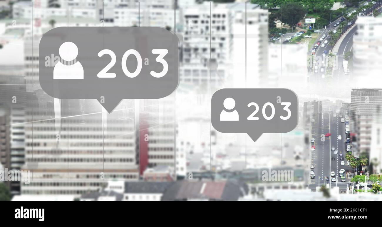 Composite of profile icons and 203 numbers in speech bubble over aerial view of cityscape Stock Photo