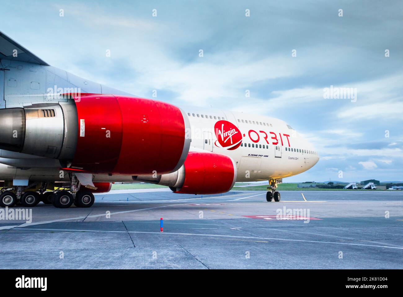 The Virgin Orbit, Cosmic Girl, a 747-400 converted to a rocket launch platform taxiing to a halt on the runway at the Spaceport Cornwall in Newquay, E Stock Photo