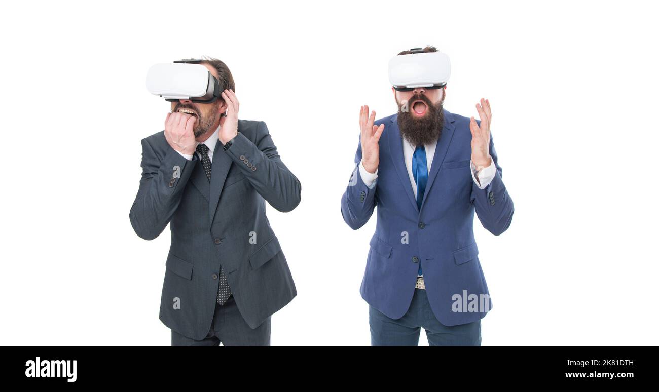 Virtual business. Online business concept. Men bearded formal suits. Digital technologies. Business innovation. Vr presentation. Men vr glasses modern Stock Photo