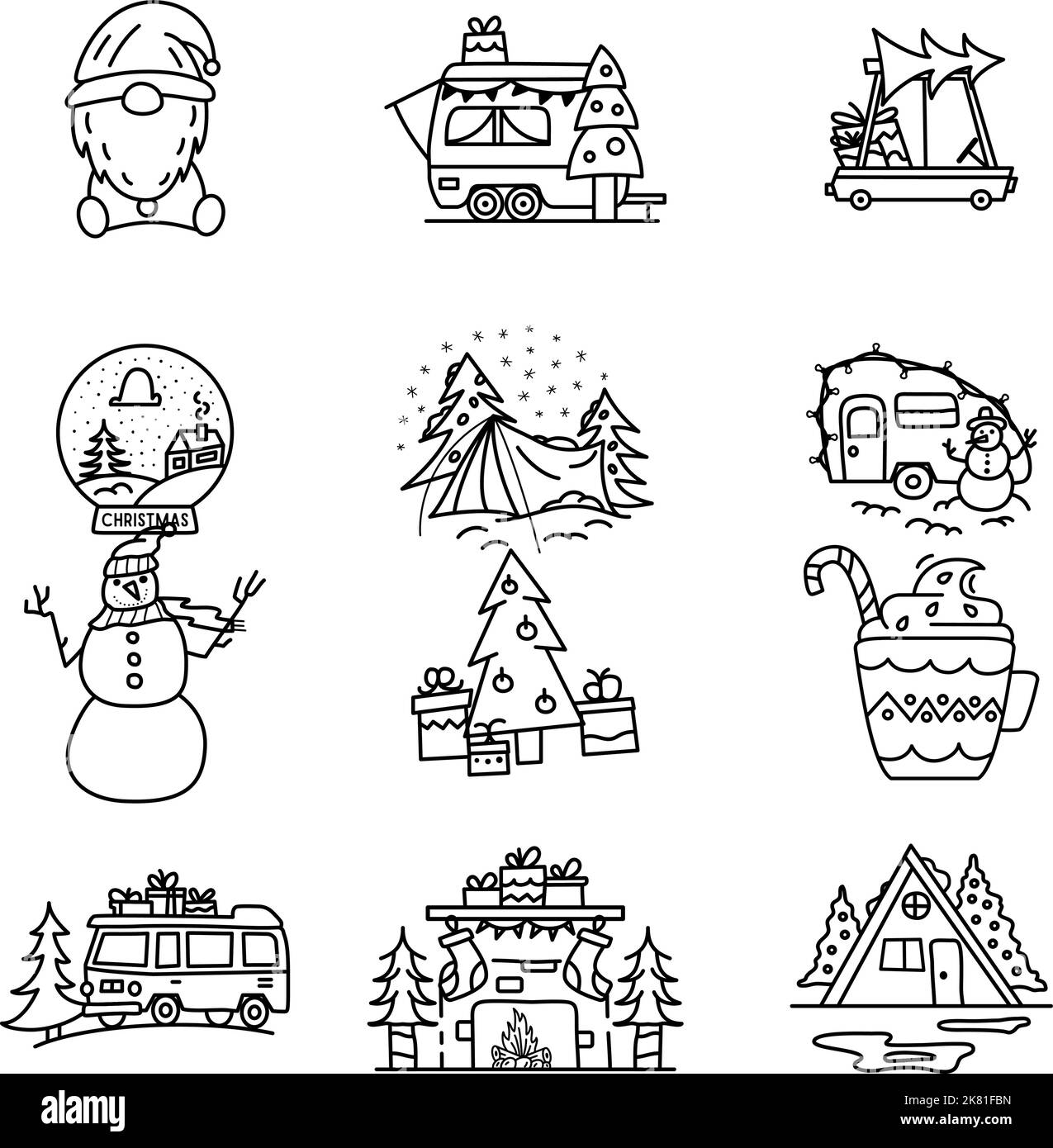 Christmas camping icons and elements in line art style. Silhouette travel symbols icluding snowman, rv trailer, christmas trees. Stock vector graphics Stock Vector