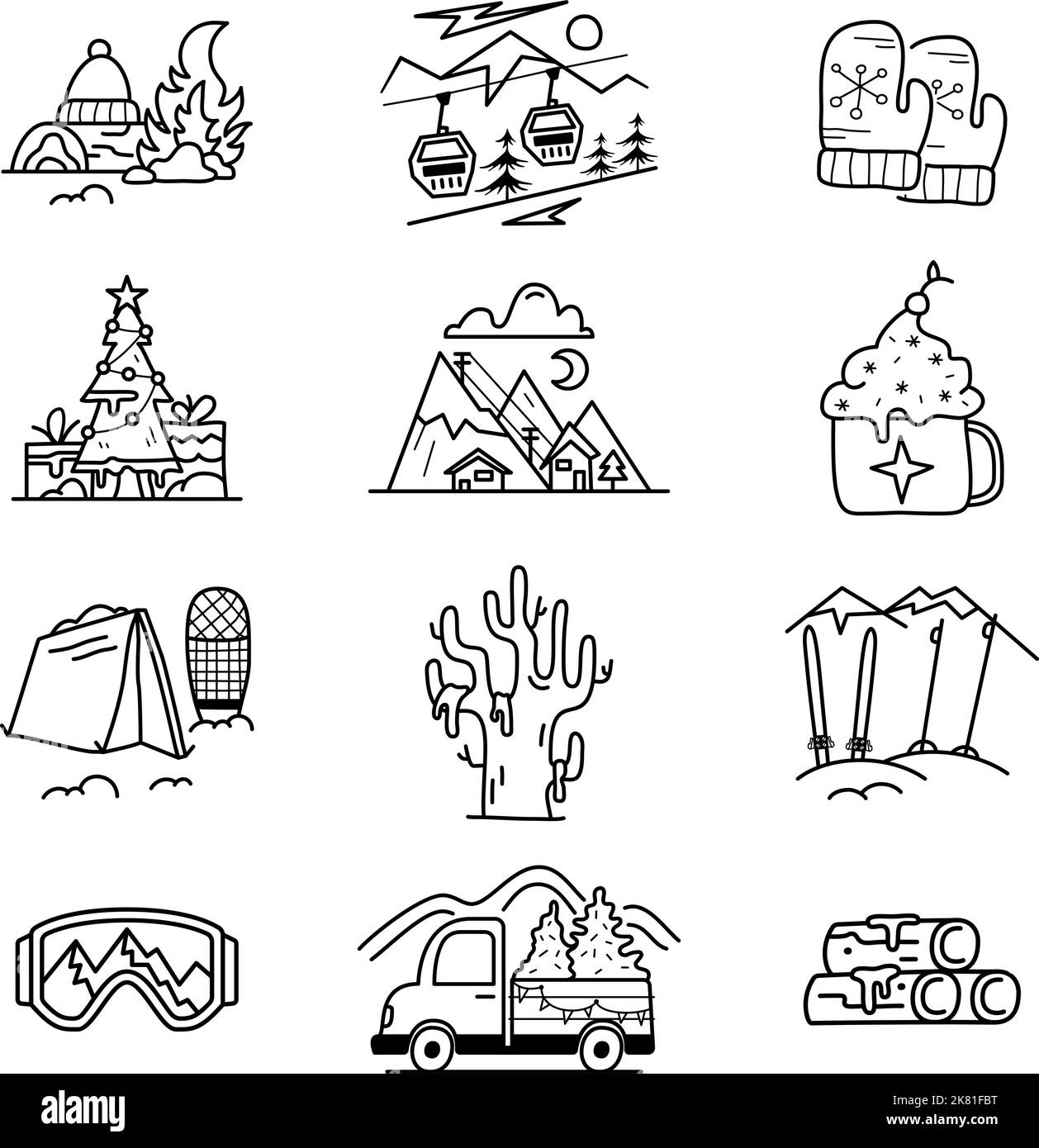 Christmas camping icons and elements in line art style. Silhouette travel symbols icluding tent, christmas trees, gift boxes. Stock vector graphics Stock Vector
