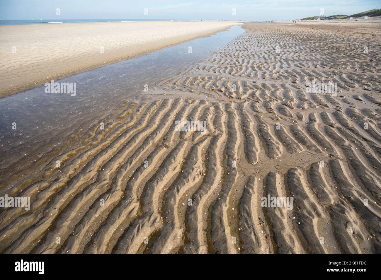 a tidal channel at the beach in Oostkapelle on the peninsula Walcheren, Zeeland, Netherlands. ein Priel am Strand von Oostkapelle auf Walcheren, Zeela Stock Photo