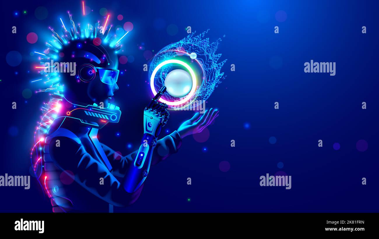 Cyborg woman in cyberpunk style. Cyber girl in futuristic suit with sci-fi tech punk hairstyle. Character girl cyborg looks like robot with electronic Stock Vector