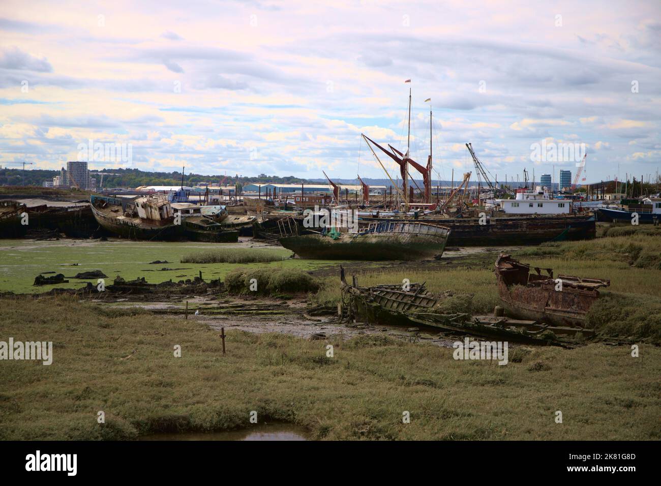 Boat wreck with landscape at Hoo marina. Taken 19-9-22. Stock Photo
