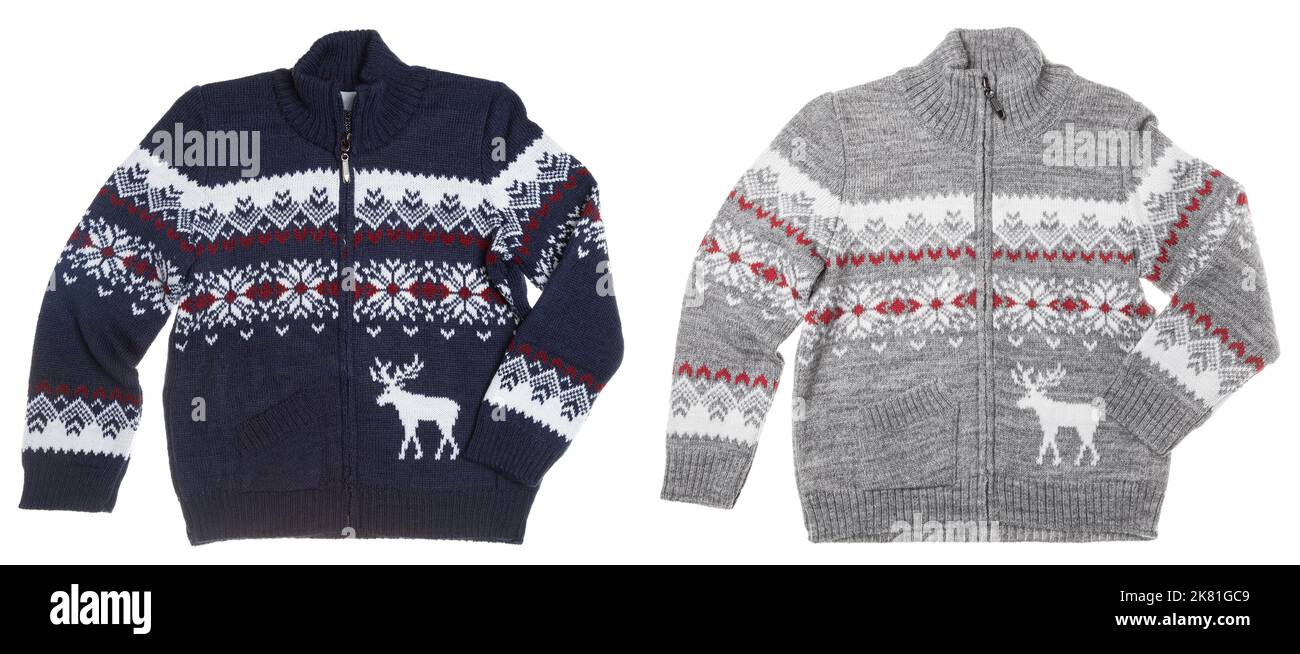 Blue and grey children's knitted Scandinavian style wool cardigans with Norwegian rose pattern (Selburose) and moose or deer ornament known as Ugly Ch Stock Photo