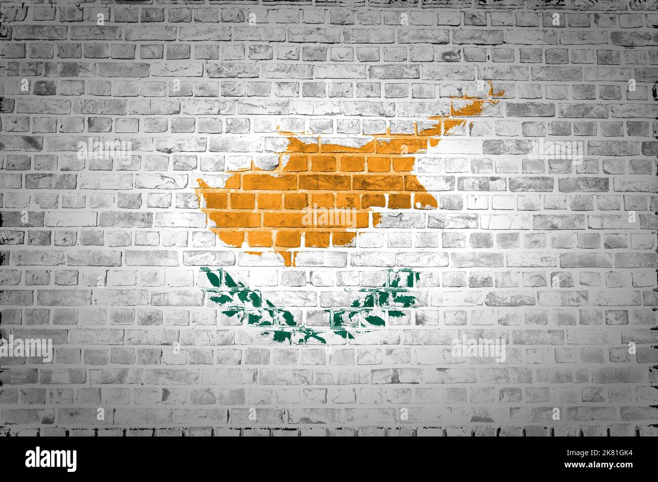 An image of the Cyprus flag painted on a brick wall in an urban