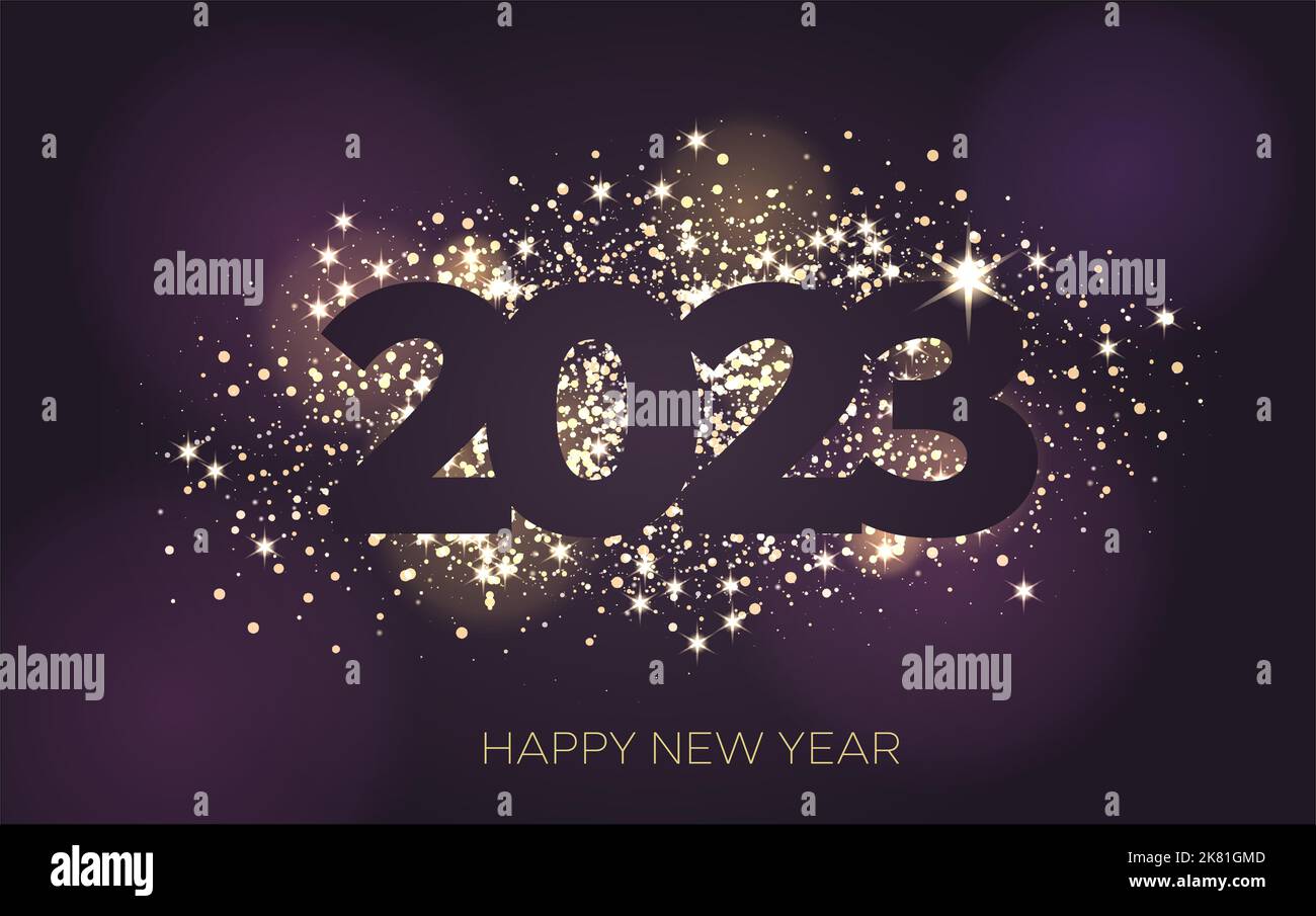 Golden Happy New year 2023 with an explosive sparkle on a Black blue ...