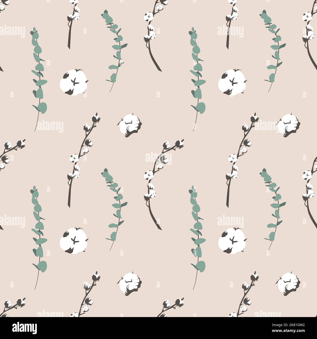 Boho seamless pattern with eucalyptus and cotton Stock Vector