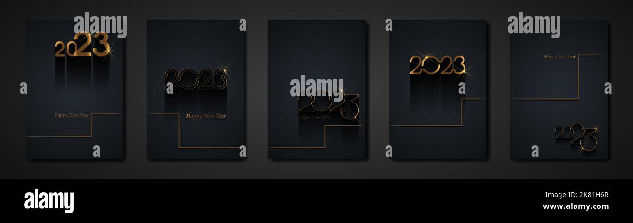 set black cards 2023 Happy New Year gold texture, golden luxury dark modern background, elements for calendar and greetings card or Christmas themed Stock Vector