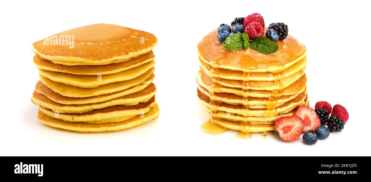 Pancakes stack with different berries and honey isolated on white