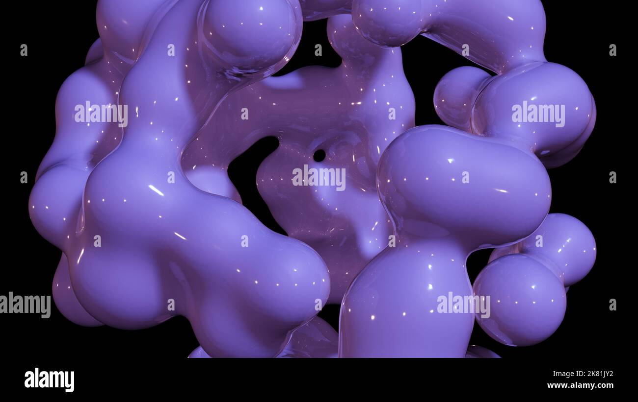 3D rendering abstract artistic surreal object based on metabolic spheres in the process of fusion. Fluid morphing. Scattering, merging and overflowing Stock Photo