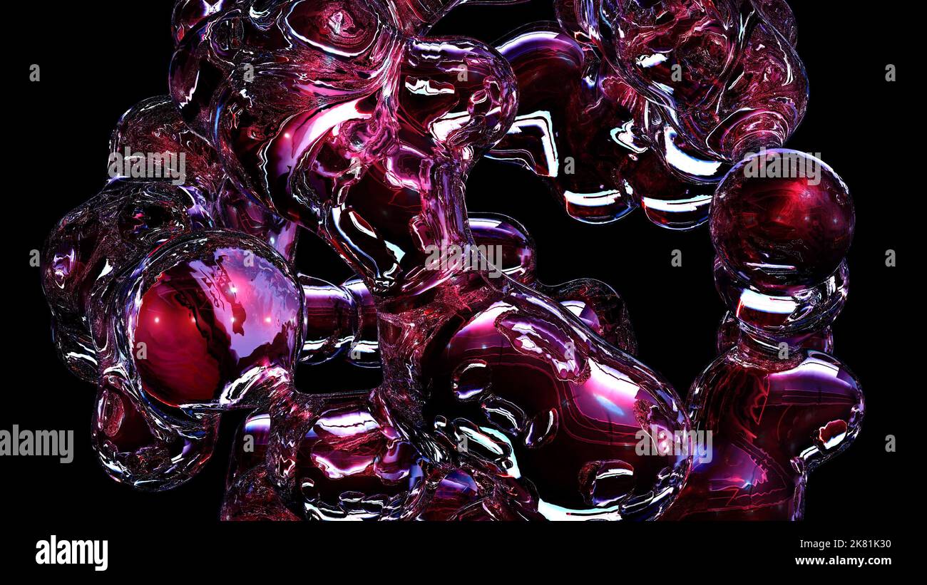 3D rendering abstract artistic surreal object based on metabolic spheres in the process of fusion. Fluid morphing. Scattering, merging and overflowing Stock Photo