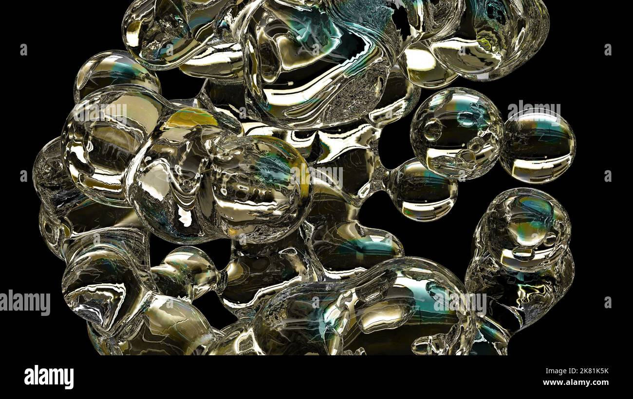 3D rendering abstract artistic surreal object based on metabolic spheres in the process of fusion. Fluid morphing. Scattering, merging and overflowing Stock Photo