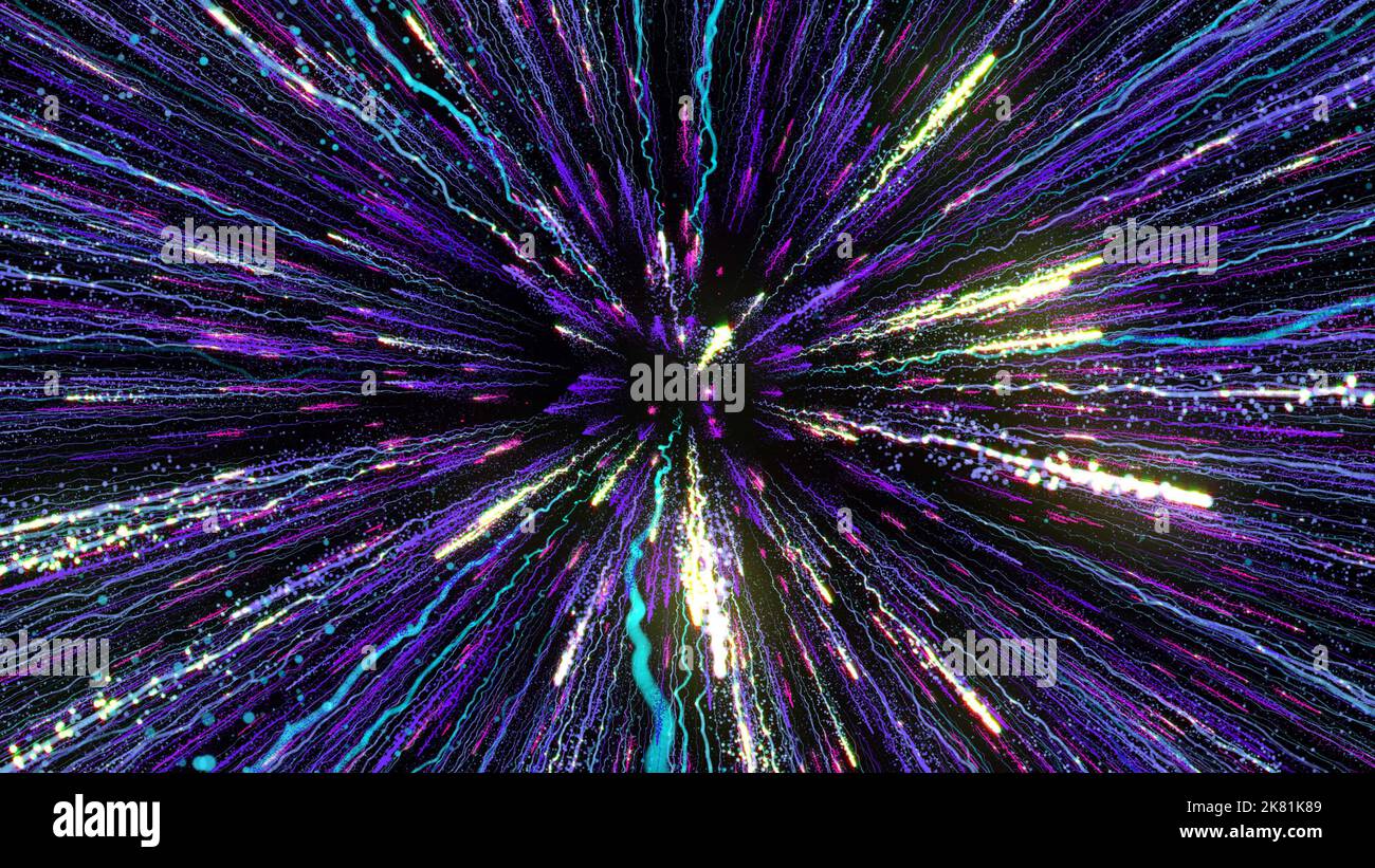 3D rendering of bright multi-colored particles fill the space with jets ...