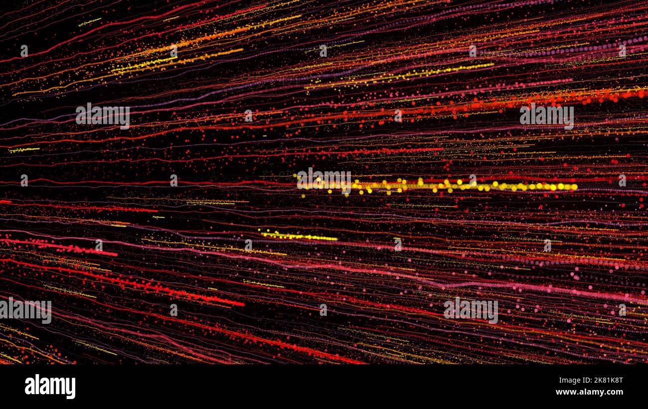 3D rendering of bright multi-colored particles fill the space with jets ...