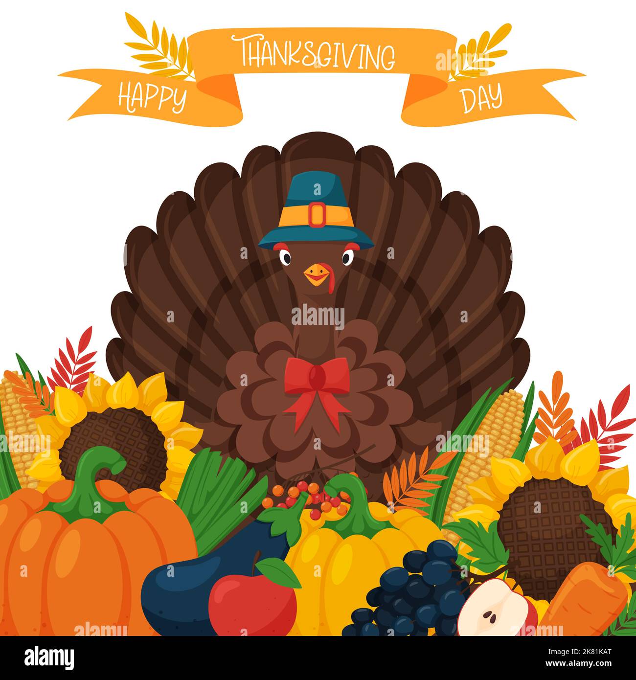 Cards with turkey in a hat surrounded by fruits and vegetables. Pumpkin, sunflower, corn, grape and rowan. Ribbon with words Happy Thanksgiving day. F Stock Vector