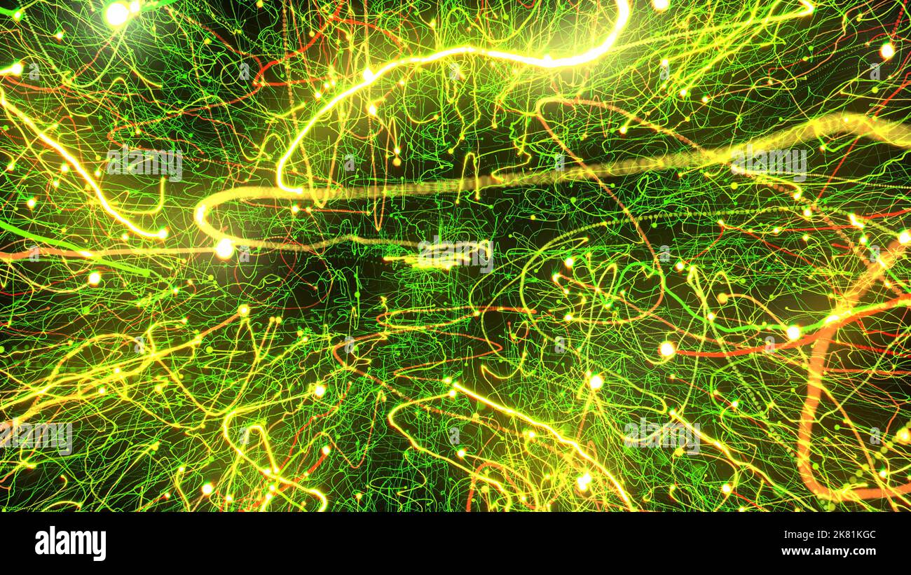 3D rendering of bright multi-colored particles fill the space with jets ...