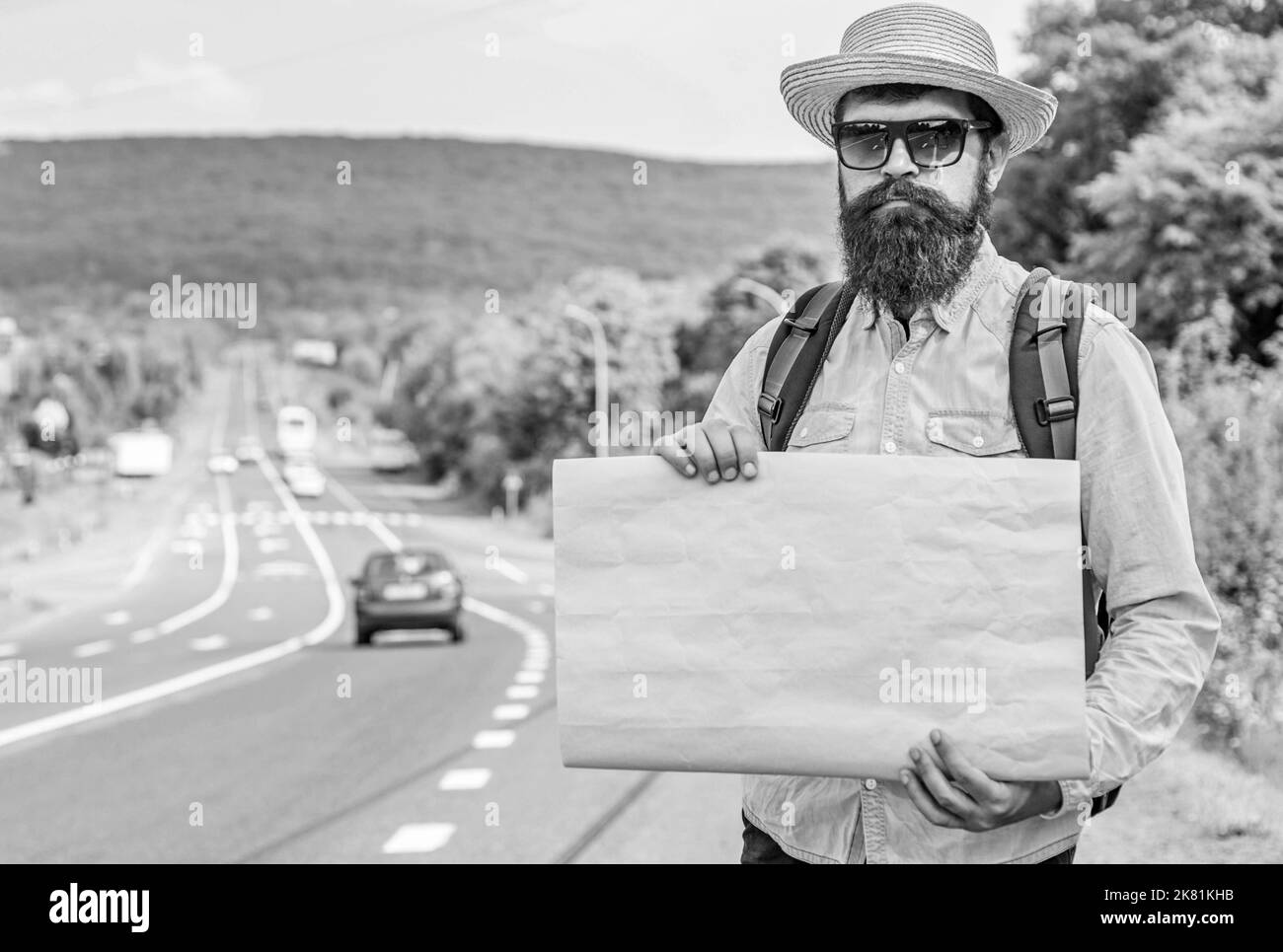 Hitchhiker with sign Black and White Stock Photos & Images Alamy