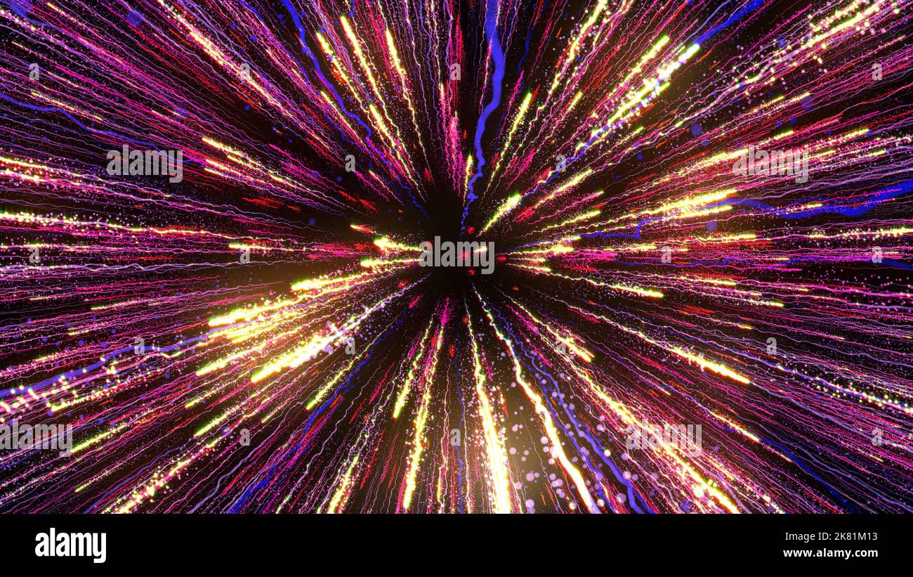 3D rendering of bright multi-colored particles fill the space with jets ...