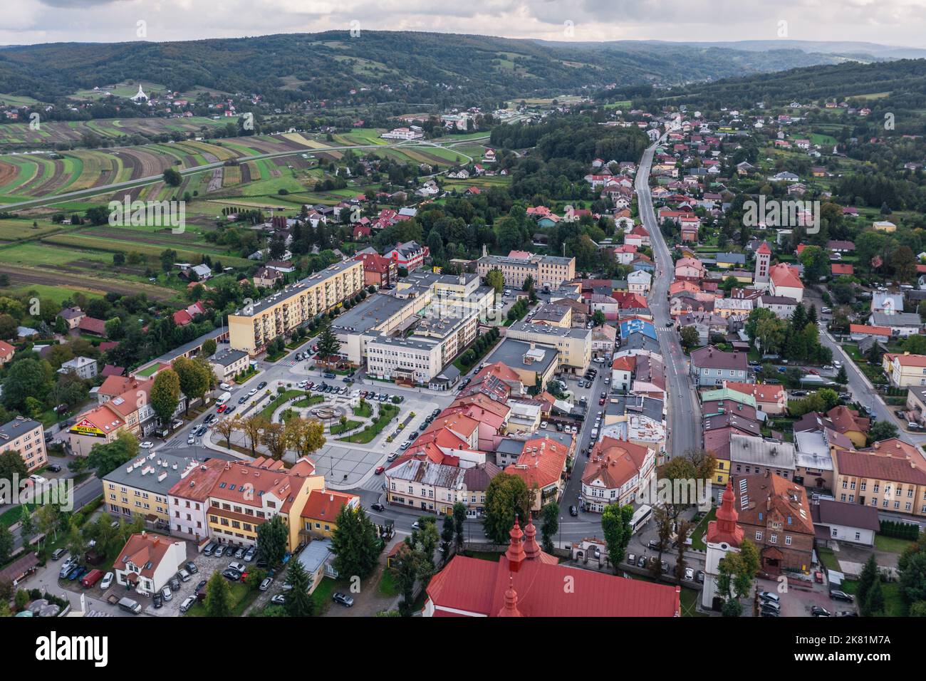 Dynów Dynow town drone aerial view 2022, Poland. Podkarpackie Voivodeship Stock Photo